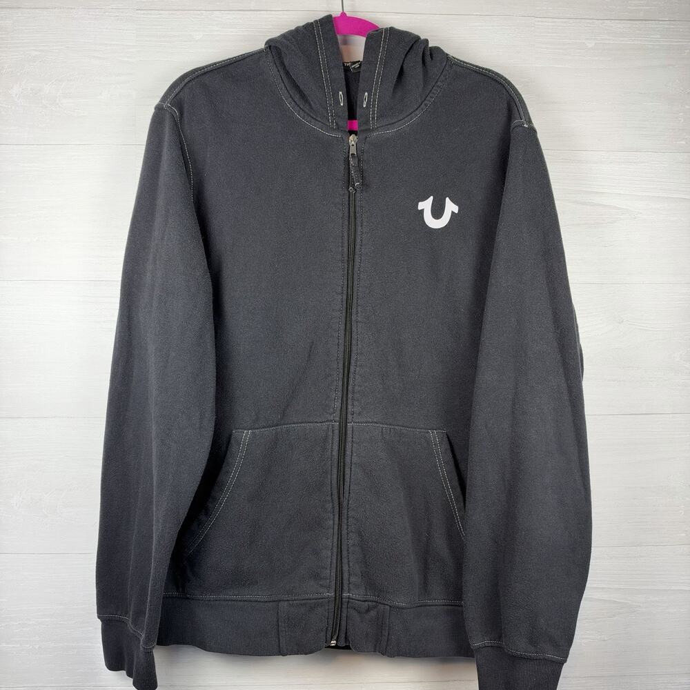 True Religion Mens XL Black Zip Hoodie Buddha Graphic